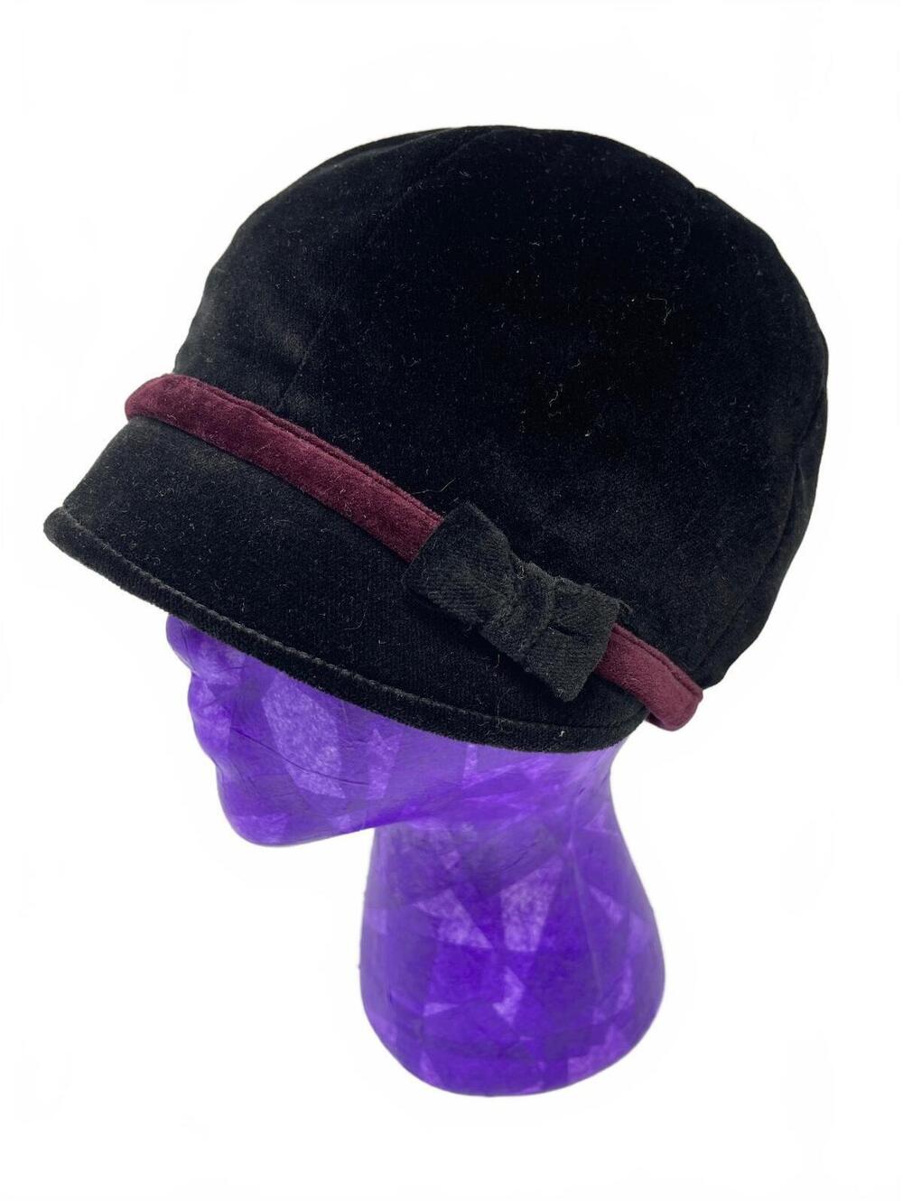 Vintage Black Velvet Cloche Hat Burgundy Trim Bow Accent Flapper Bucket Style